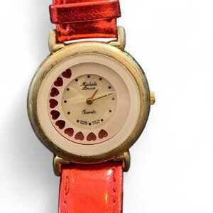 Michelle Louise Women's Red Metallic Buckle Band Analog Watch Leather Hearts